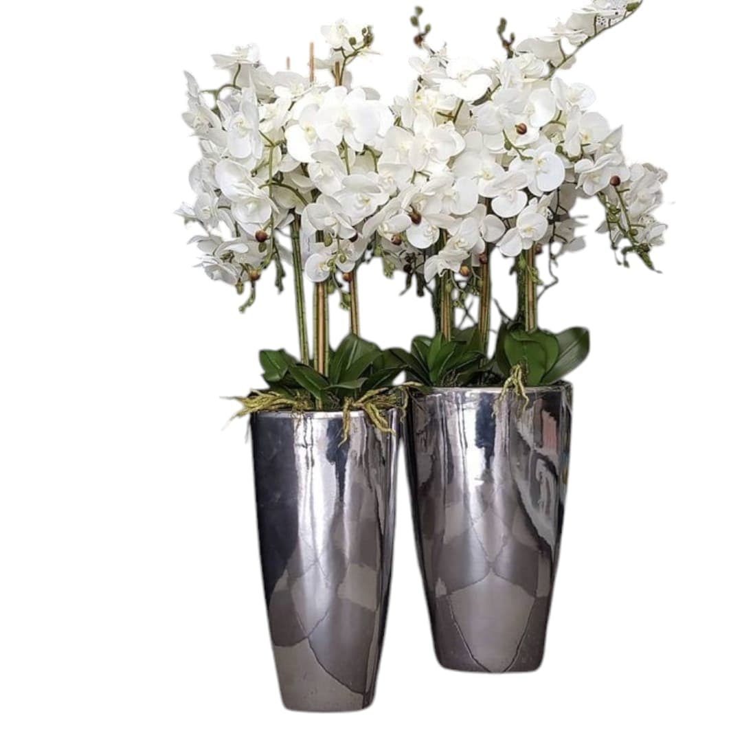 Set Of Two Pots– White Orchid Stems In Silver Pots — Artificial Plants for Dubai & UAE delivery | Planto.ae