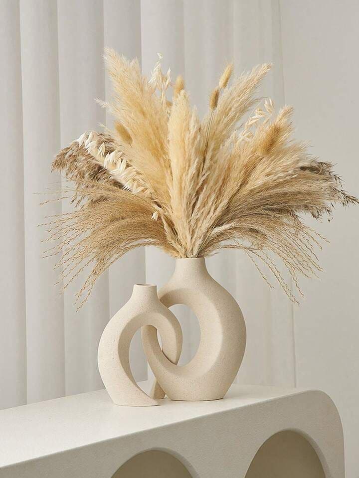 Snuggle Hollow Ceramic Vase Set of 2 with grass. — Artificial Plants for Dubai & UAE delivery | Planto.ae
