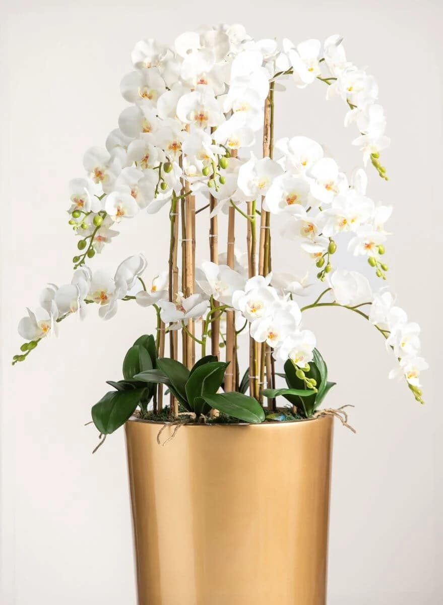 White Orchid Artificial Plant In Golden Metal Pot — photo 3 | Planto.ae UAE