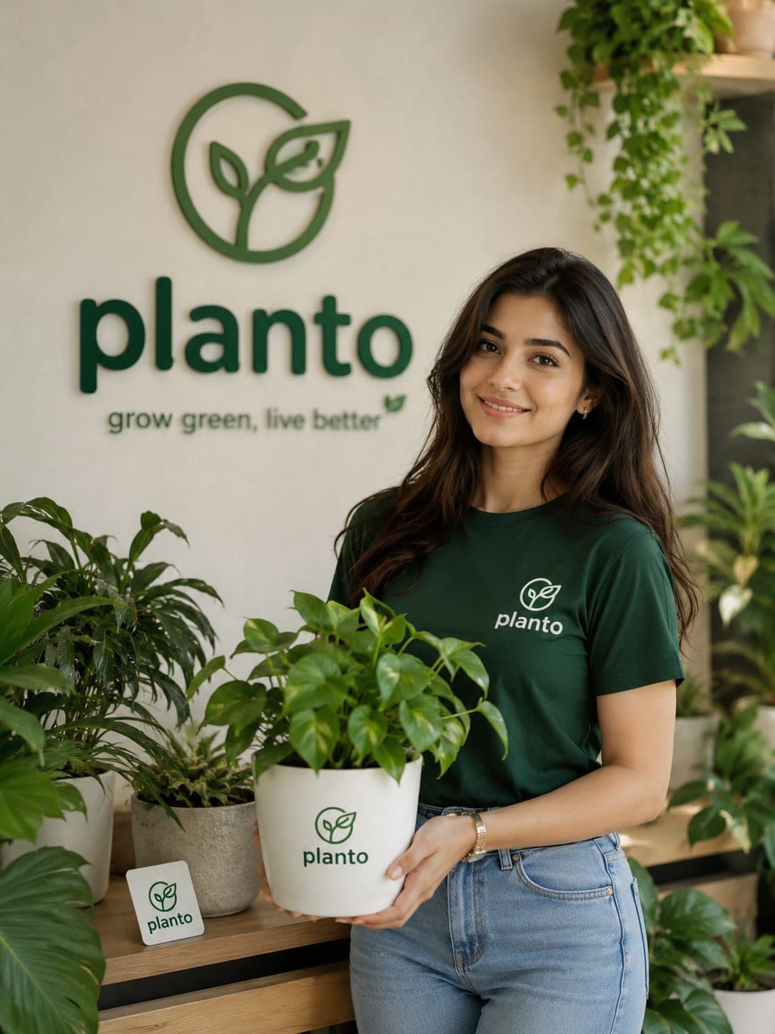 Planto team member holding a potted plant in a bright UAE plant shop