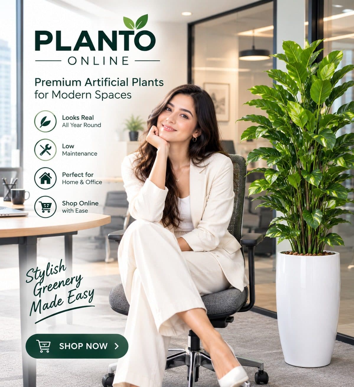 Planto Online: a woman in a cream suit seated beside a tall artificial plant in a bright modern office