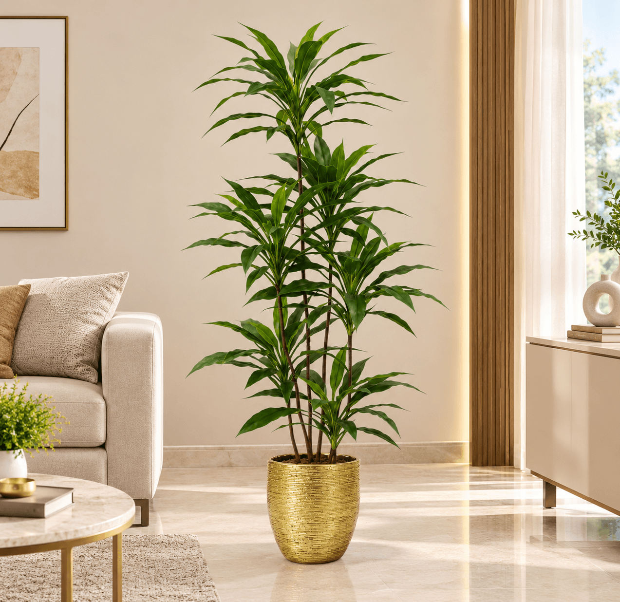 Artificial Dracaena plant placed in a textured gold paint pot — Artificial Plants for Dubai & UAE delivery | Planto.ae